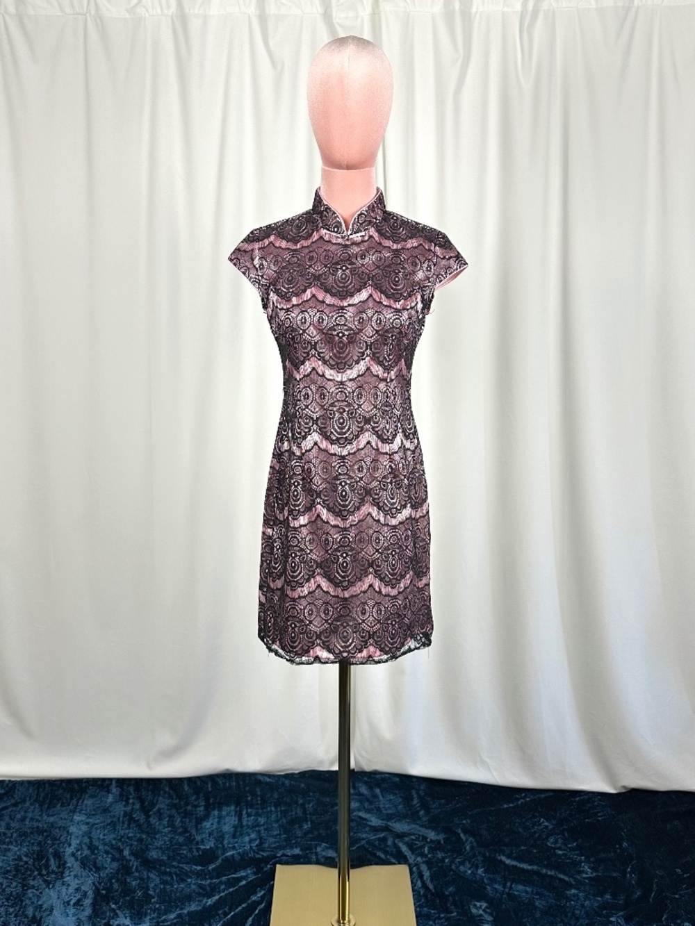 Pink & Black Lace Mandarin Collar Dress XS Purchased in Beijing